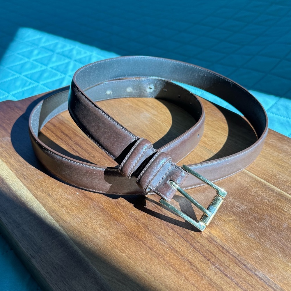 Men’s Genuine Leather Brown Belt Size 44 46 Classic Brass Tone Buckle